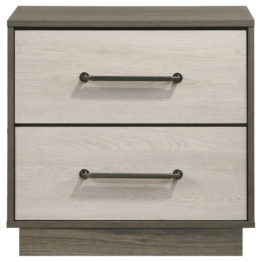 Fenwick 2-Drawer Nightstand Bedside Table in Gray Oak with Two-Tone Finish, Floating Base Design, Metal Extension Glides, and Antique Nickel Handles