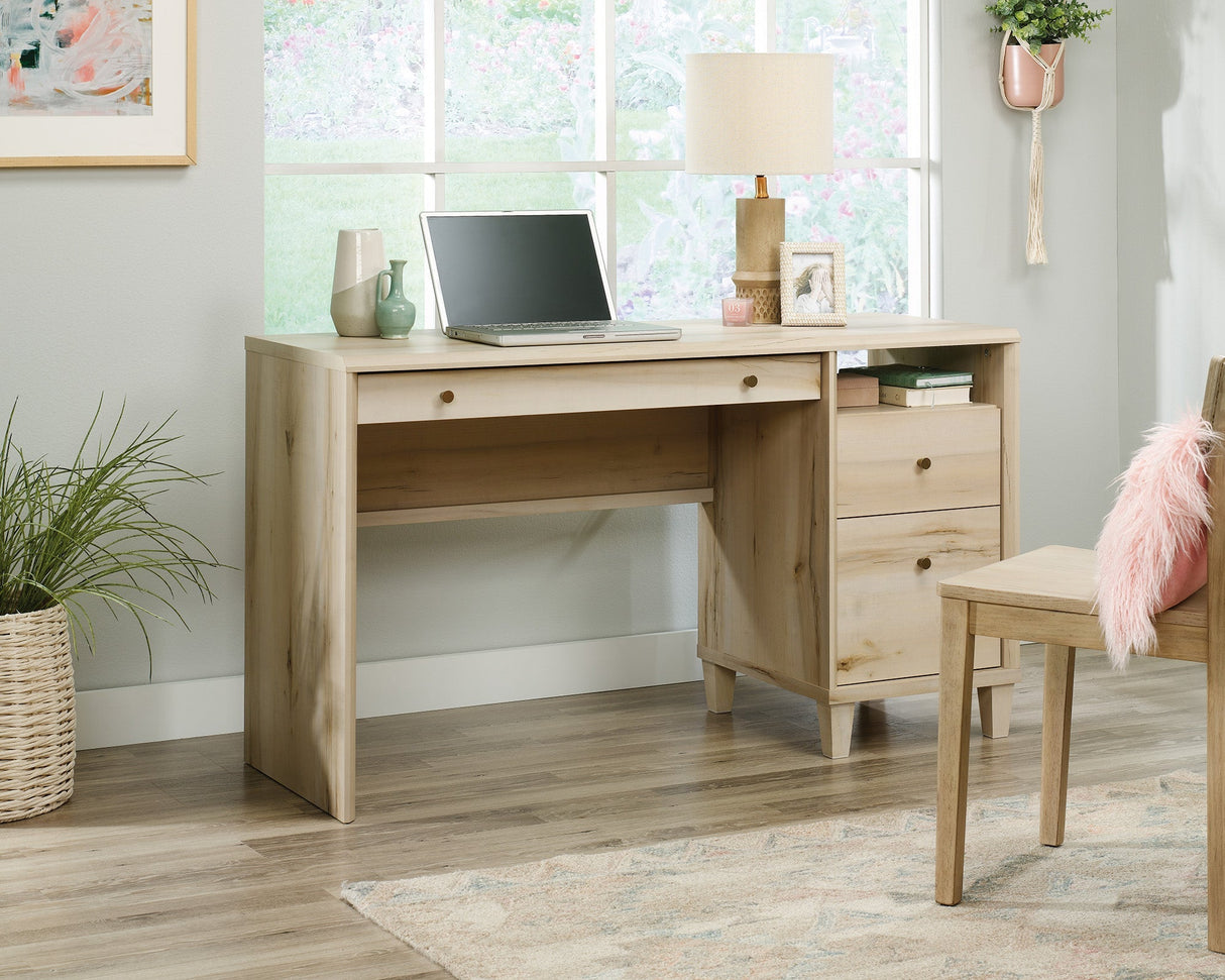 Willow Place Single Pedestal Desk in Pacific Maple – Compact Home Office Desk with File Drawer, Keyboard Shelf & Storage