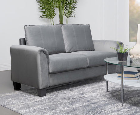 Davis Upholstered Rolled Arm Loveseat, Gray Fabric, Plush Cushions, Reversible Back, Sinuous Spring Seating, Tapered Block Legs, Compact Design