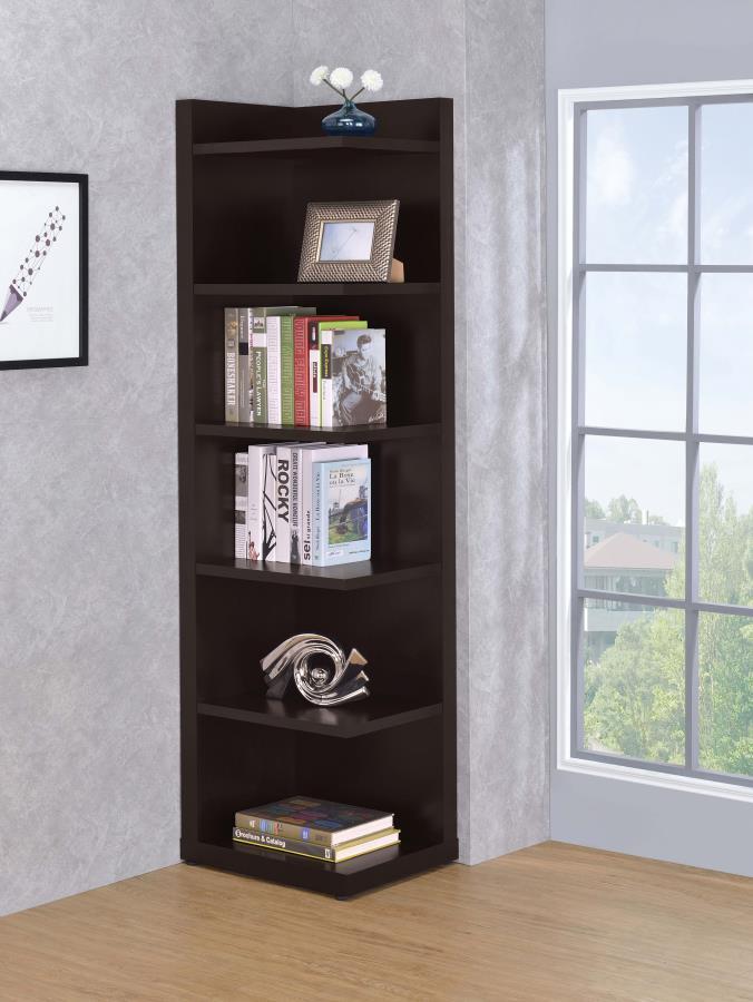 Alder - 6-Shelf Corner Bookcase - Cappuccino Finish, Space-Saving Vertical Storage for Books, Décor, and Display, Modern Durable MDF Design