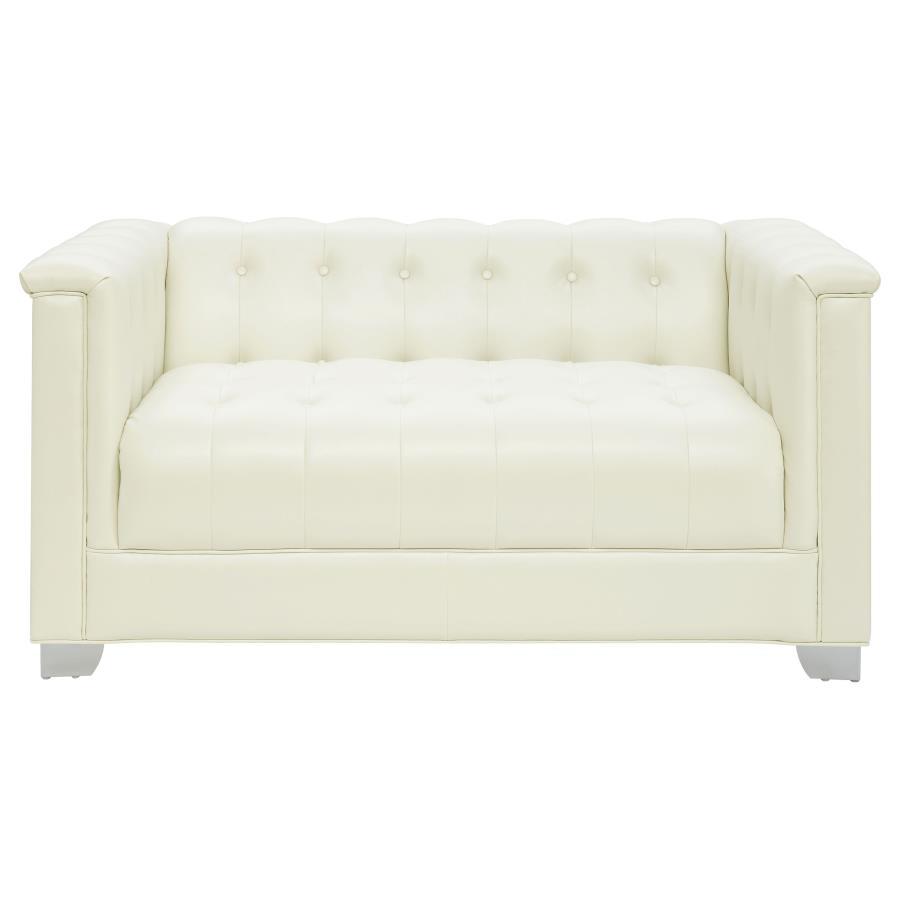 Chaviano Pearl White Upholstered Track Arm Loveseat with Chrome Accents, Deep Tufted Leatherette, Modern Glam Living Room Sofa, Stylish Compact Seating