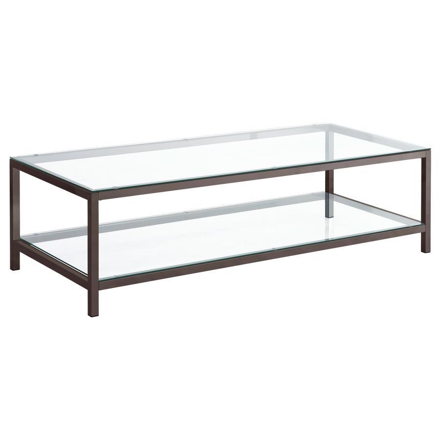 Trini 1-Shelf Glass Top Coffee Table - Black Nickel Frame, Tempered Glass, Modern Storage & Display for Living Room