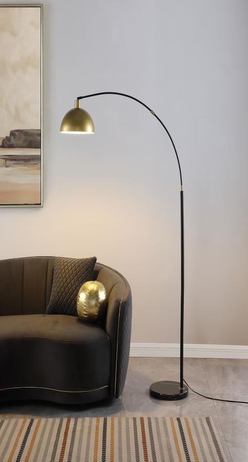 Gloria Arched Dome Shade Metal Floor Lamp – Black Marble Base with Black Frame, Gold Dome Shade, Modern Industrial LED Lighting for Living Room or Office