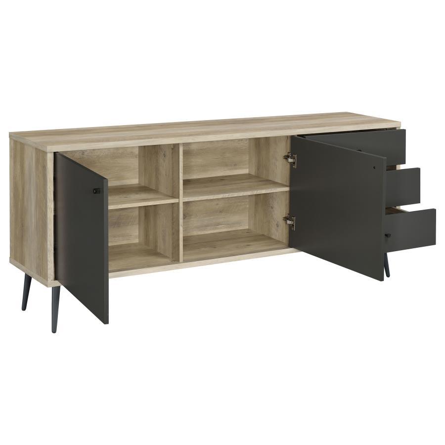 Maeve 2-Door Engineered Wood Cabinet in Antique Pine & Gray – Scandinavian-Inspired Storage with Drawers and Shelves for Stylish Organization