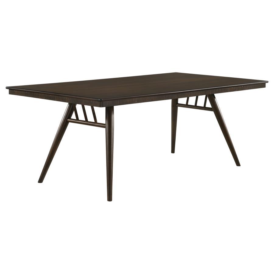 Wes Rectangular Wood Dining Table – Dark Walnut Finish, Bullnose Edge, Fluted Apron, Mid-Century Modern Style, Vintage-Inspired Tapered Legs, Seats Six
