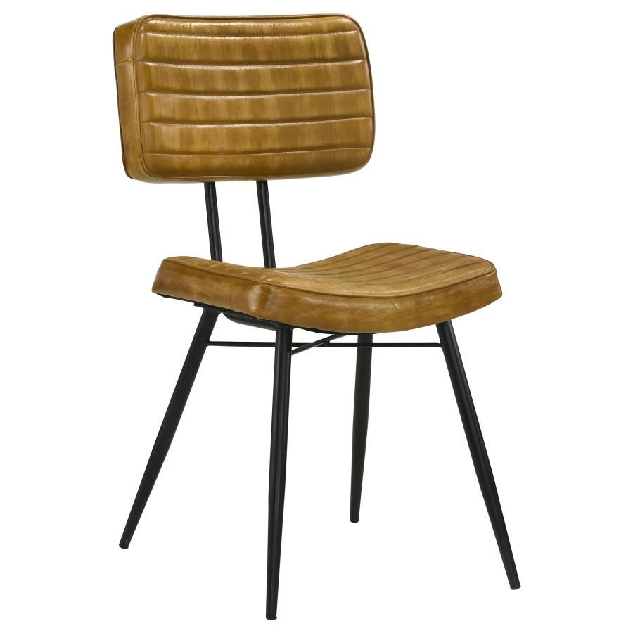Misty Leather Upholstered Dining Side Chair Set of 2 – Industrial Vintage Goat Leather, Vertical Tufting, Metal Legs, Camel Finish