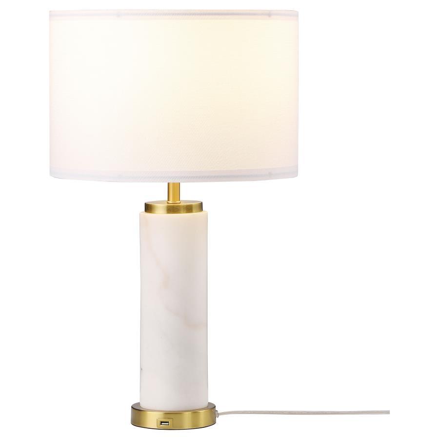 Lucius Drum Shade Marble Body Table Lamp – White Marble Column with Gold Accents, Textured White Shade, USB Charging, Modern Luxury LED Lighting