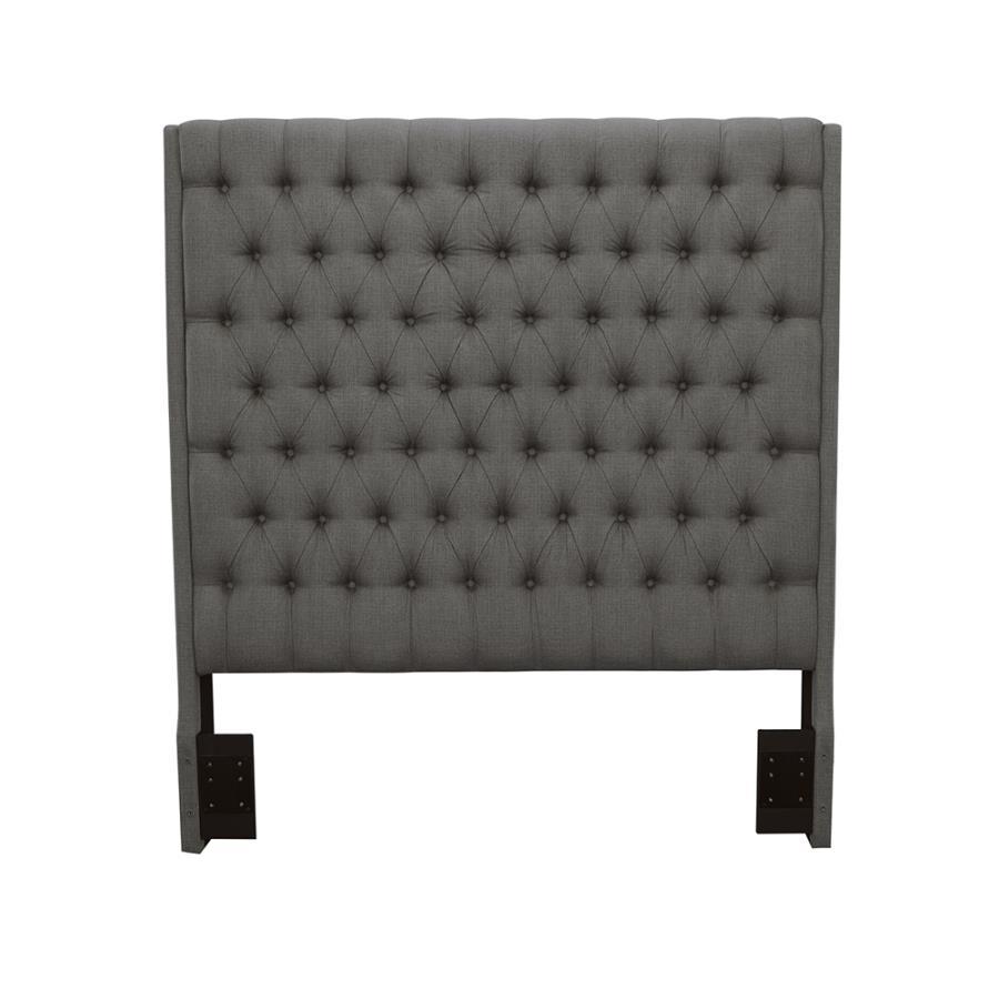 Camille Upholstered Queen Panel Headboard in Gray with Button Tufting, Plush Cushioned Fabric, Straight Silhouette for Modern Bedroom Style