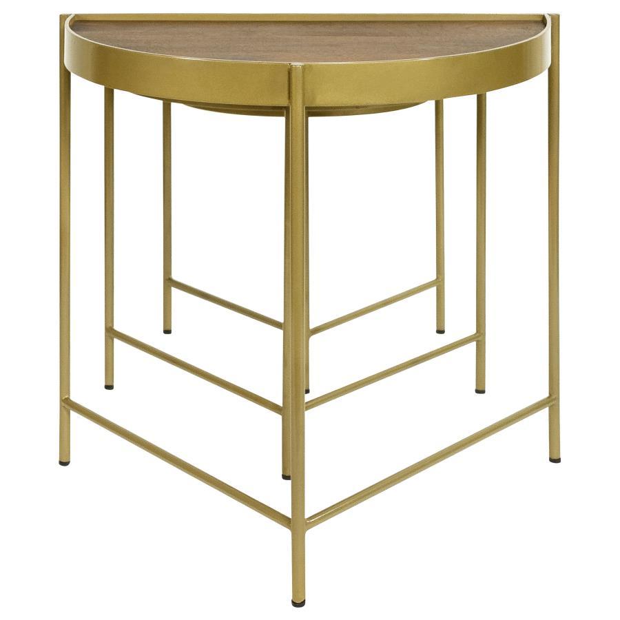 Tristen 3-Piece Demilune Nesting Table Set – Brown and Gold Half-Moon Mango Wood Tables with Chic Gold Iron Frames for Living Room or Entryway