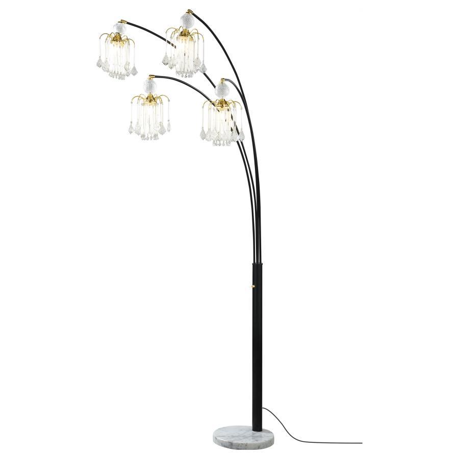Maisel Hanging Crystal Arc Tree Floor Lamp in Black – Modern Elegant Lighting with Five Shimmering Crystal Arms, Chrome Stand, Dimmer Switch & White Base