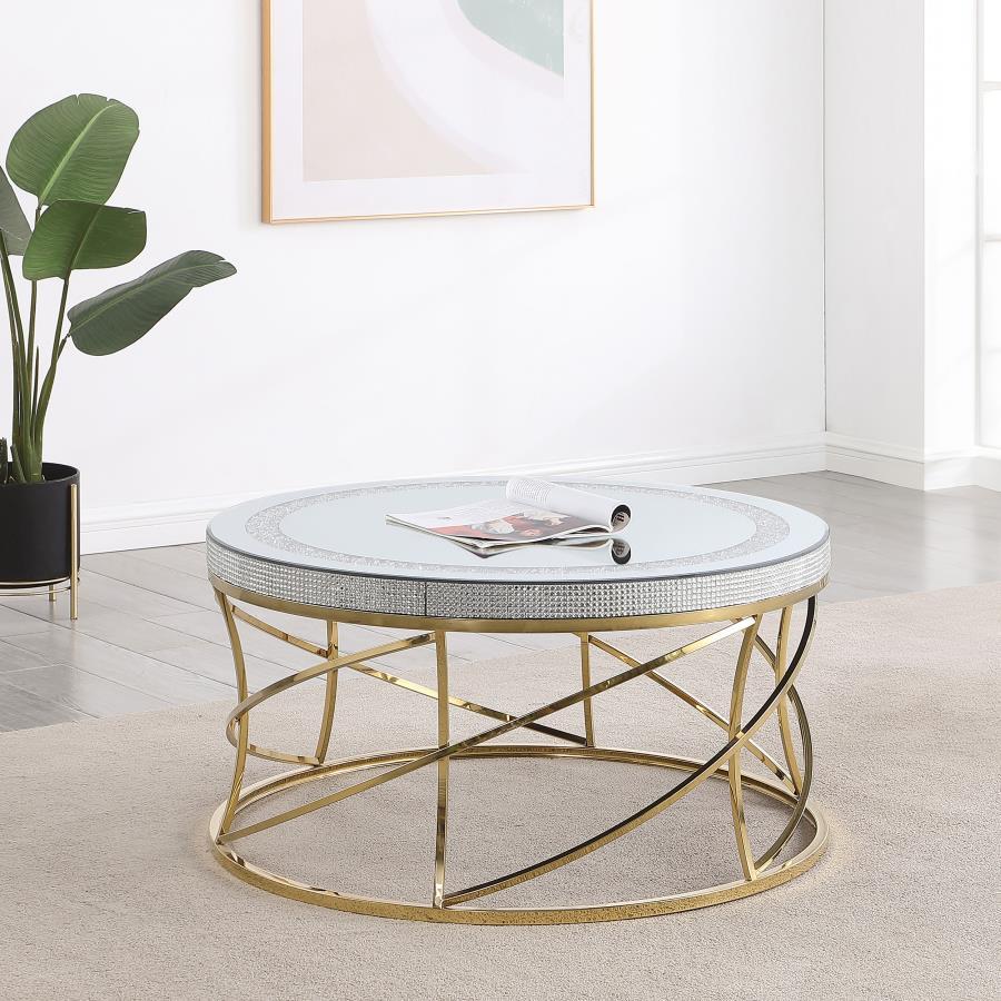 Elise Round Mirror Top Coffee Table with Gold Stainless Steel Base – Modern Accent Table with Durable Metal Frame and Sleek Contemporary Design