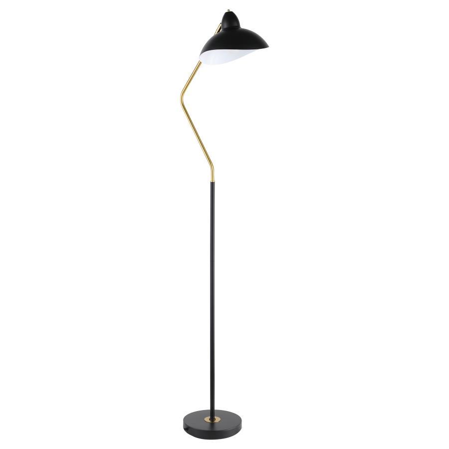Lucien Dome Shade Black Metal Task Floor Lamp with Adjustable Arm, Mid-Century Modern Design, Gold Accents, Downlight for Reading or Work