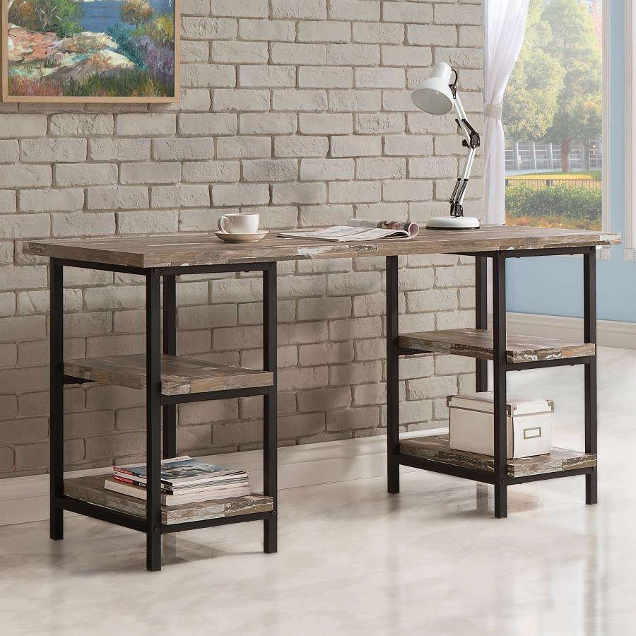 Kemper 59" 4-Shelf Writing Desk in Weathered Brown with Black Metal Legs – Rustic Industrial Style Home Office or Study Desk with Open Storage