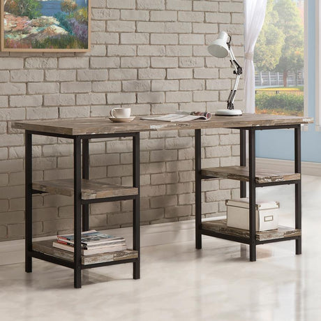 Kemper 59" 4-Shelf Writing Desk in Weathered Brown with Black Metal Legs – Rustic Industrial Style Home Office or Study Desk with Open Storage
