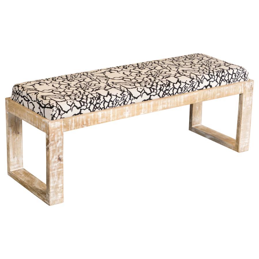 Aiden Fabric Upholstered Accent Bench – Distressed White Mango Wood Frame with Abstract Black and White Cushion, Modern Geometric Design for Entryway or Bedroom