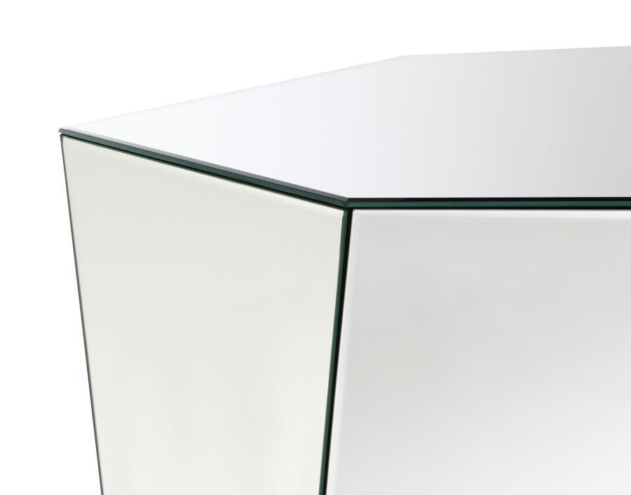 Capella Mirrored Abstract Geometric Coffee Table – Silver Hexagonal Accent Table with Contemporary Design for Modern Living Room Glam