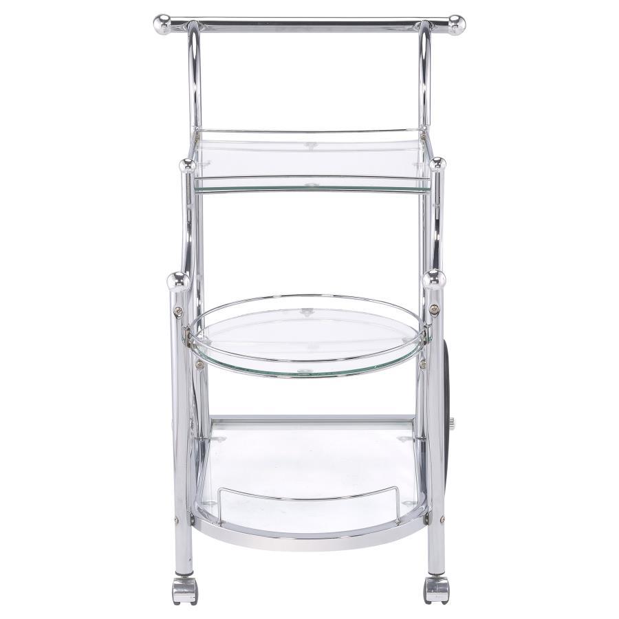 Sarandon 3-Tier Glass Shelf Metal Bar Cart in Chrome – Traditional Style Serving Cart with Tempered Glass Shelves, Rustic Wheels & Elegant Curves