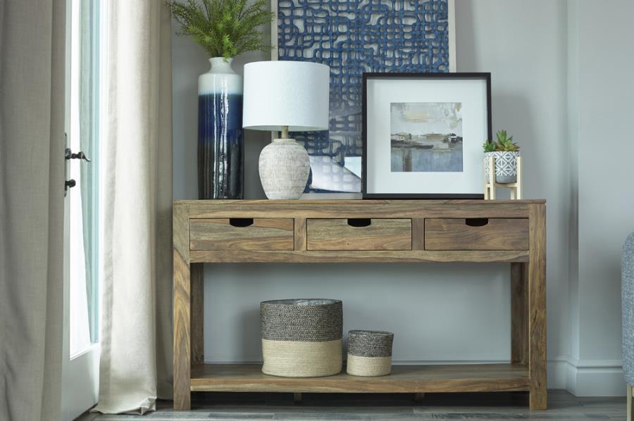 Esther 3-Drawer Wood Console Table – Natural Sheesham with Rustic Grain, Lower Shelf, Sturdy Construction, Versatile Storage for Entryway or Living Roomb