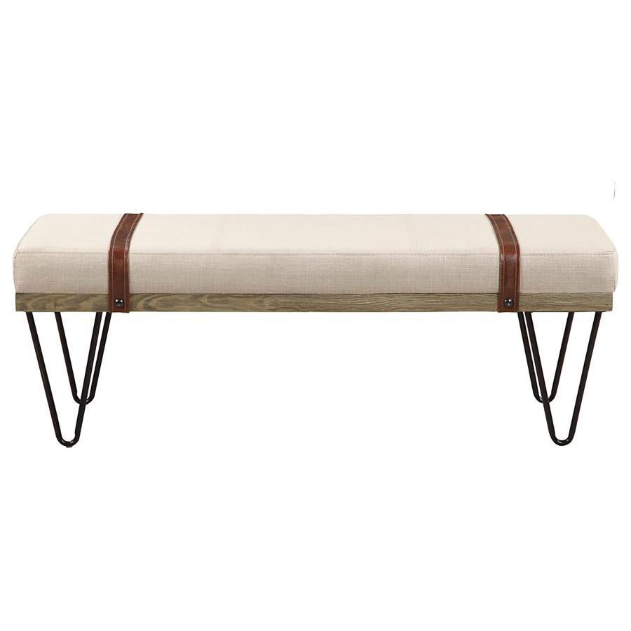 Austin Fabric Upholstered Accent Bench – Beige, Modern Rustic Hairpin Legs, Nailhead Trim, Stylish Living Room or Entryway Seating, Decorative Bench