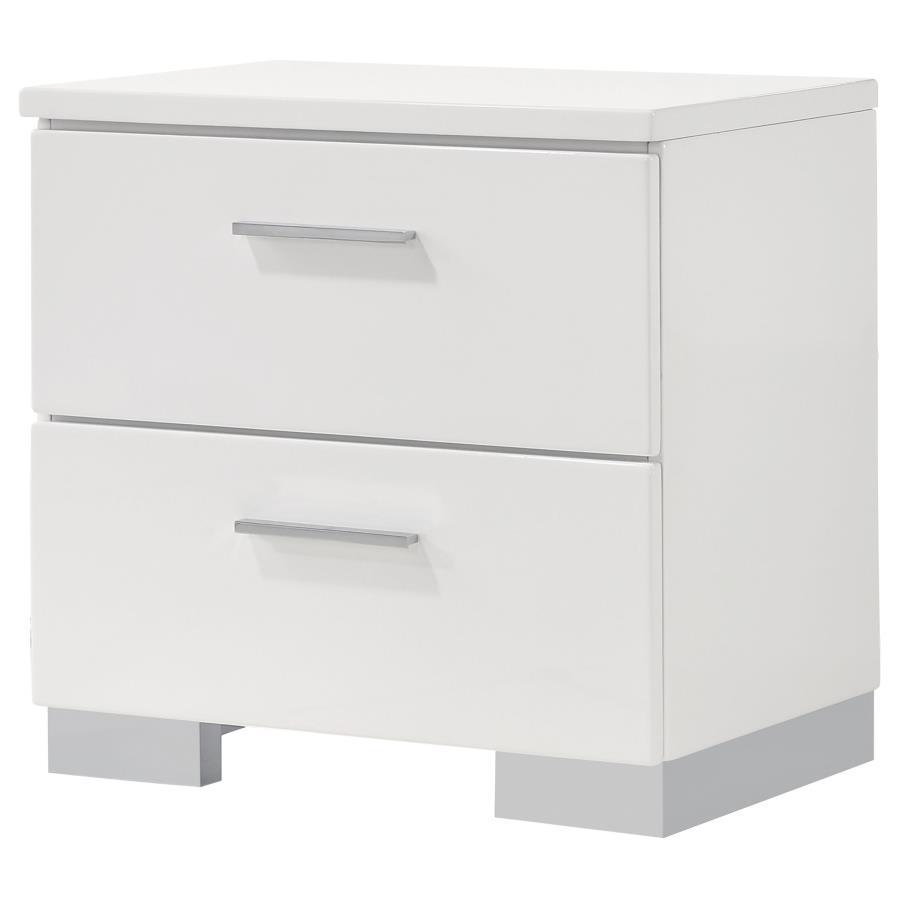 Felicity 2-Drawer Nightstand in White High Gloss – Modern Bedroom Storage with Chrome Handles, Metal Glides & Sleek Contemporary Design