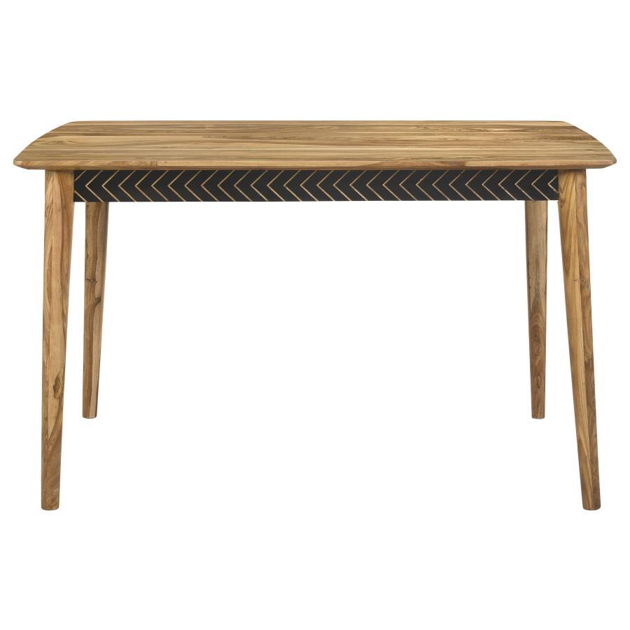 Partridge 5 & 7 Piece Counter Height Dining Set – Sheesham Wood Table with Geometric Apron, Mid-Century Modern Leather Upholstered Stools, Camel & Espresso
