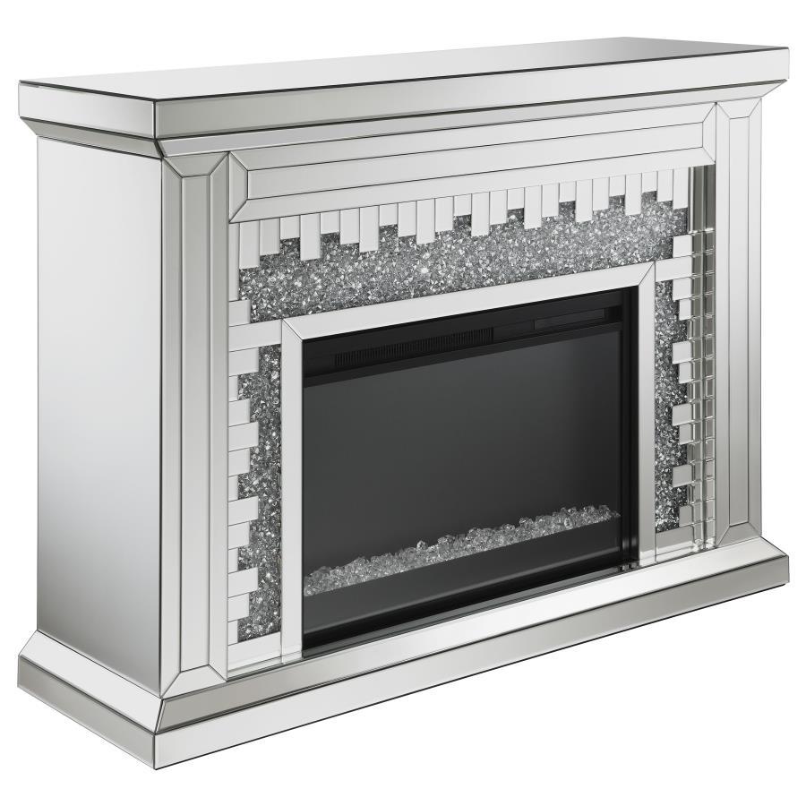 Gilmore Mirrored Freestanding Electric Fireplace – Silver Crystal Accent Modern Fireplace with Beveled Mirror Trim, Mantle, Remote, and Optional Heating