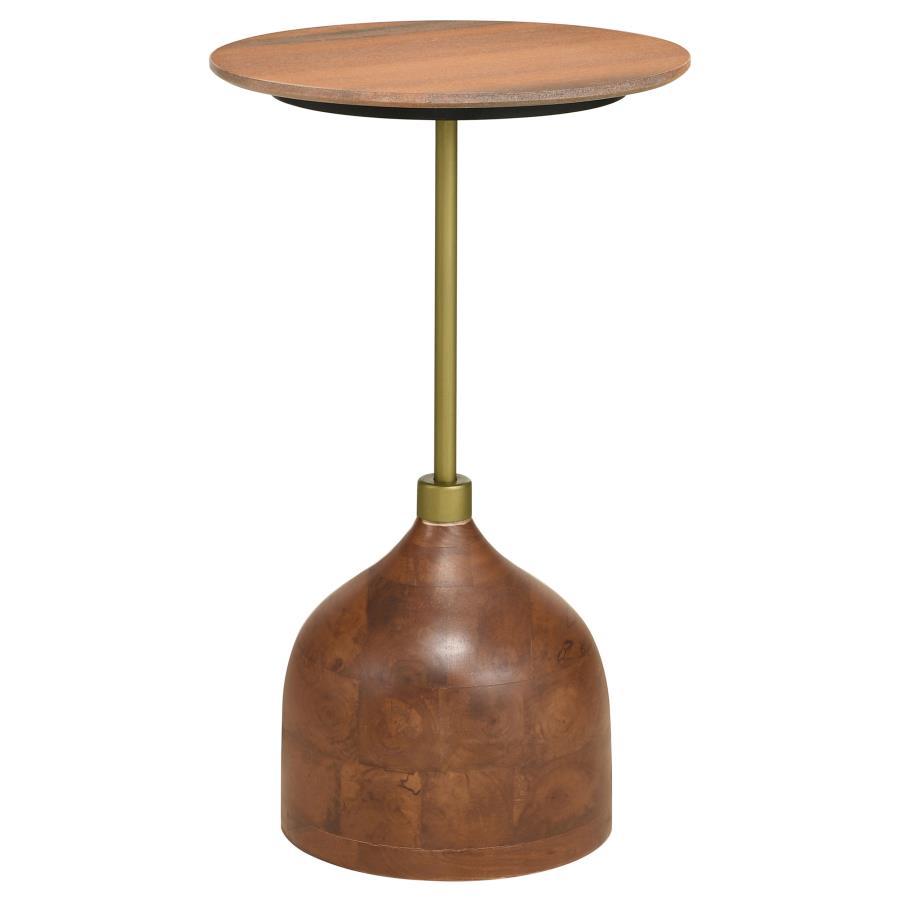 Colima Round Wood Top Accent Side Table in Peach – Mango Wood Base with Gold Metal Frame, Marble-Inspired Surface for Living Room & Entryway