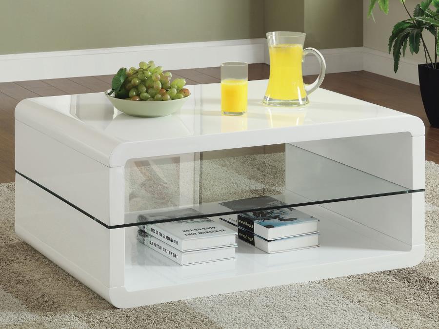Elana Rectangular Coffee Table with 1 Shelf in White High Gloss Finish, Clear Tempered Glass, Smooth Curved Corners & Modern Living Room Design