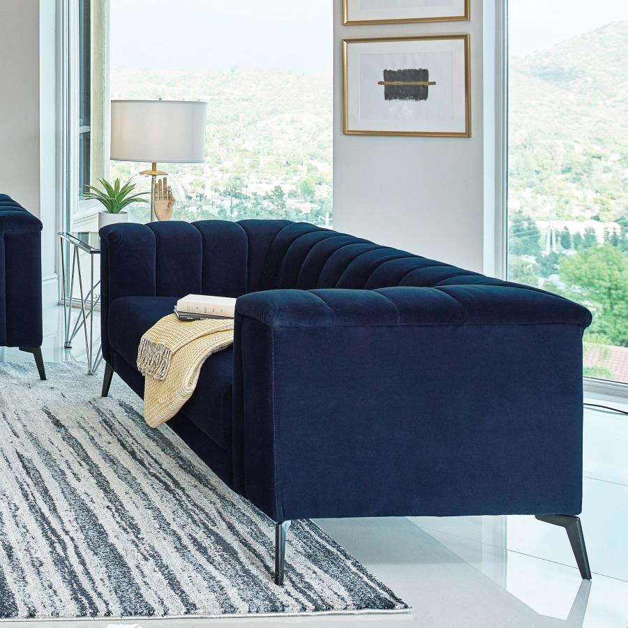 Chalet Tuxedo Arm Loveseat, Blue Velvet Upholstery, Tufted Vertical Channels, Pocket Coil Bench Seat, Black Metal Tapered Legs, Living Room