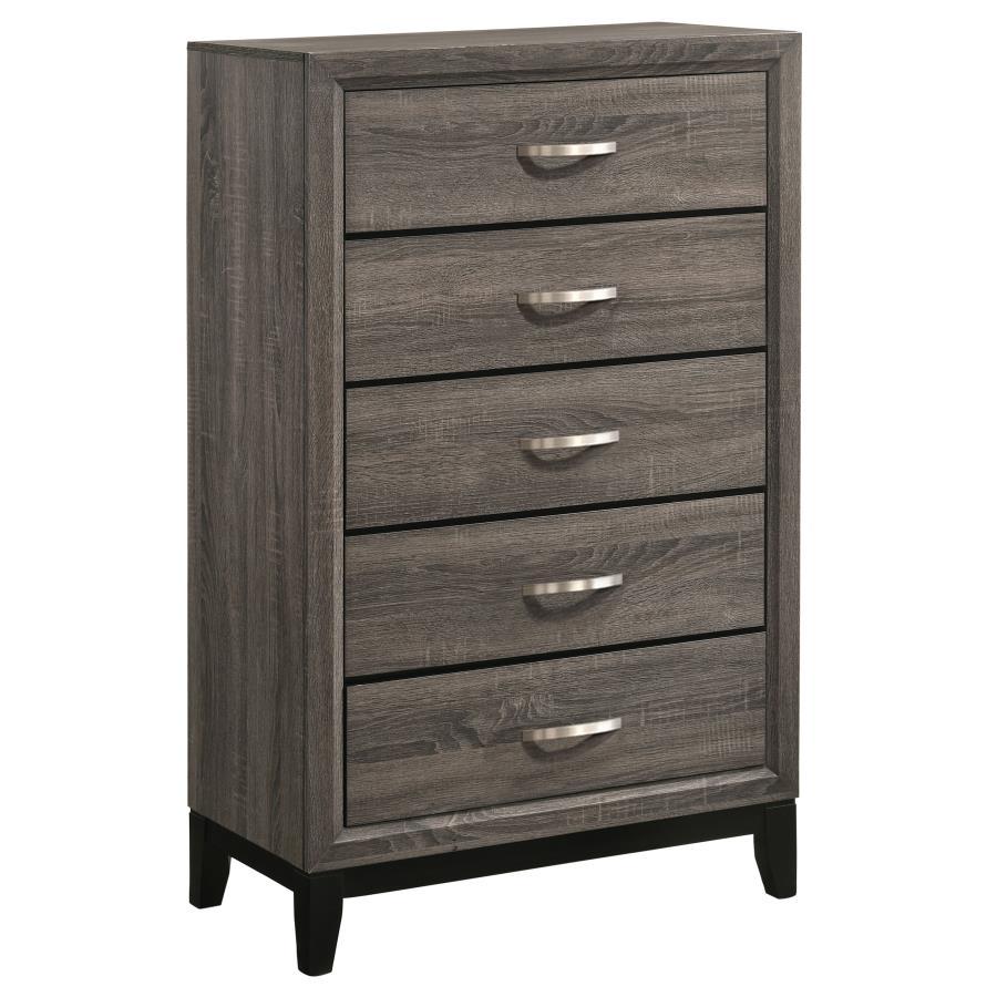 Watson 5-Drawer Bedroom Chest in Gray Oak – Mid-Century Modern Storage with Tapered Legs, Metallic Half-Moon Pulls, and Stylish Wooden Drawers