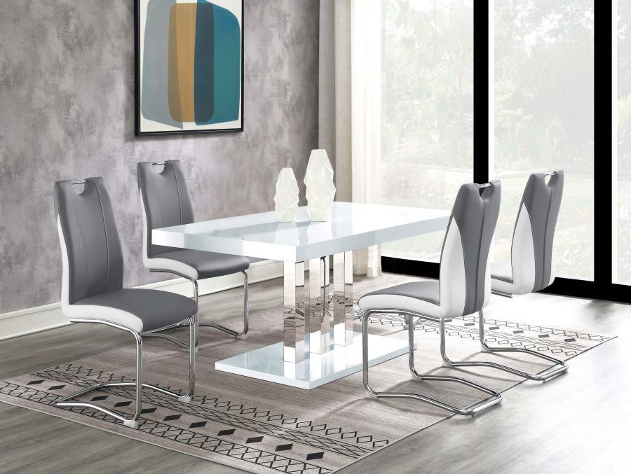 Brooklyn 5-Piece Rectangular Dining Set in White High Gloss – Modern Dining Table with 4 Two-Tone Gray & White Cantilever Chairs, Chrome Base