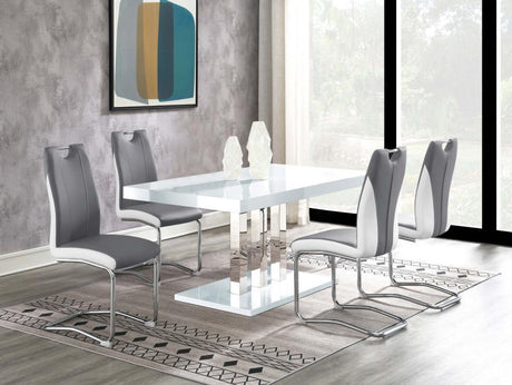 Brooklyn 5-Piece Rectangular Dining Set in White High Gloss – Modern Dining Table with 4 Two-Tone Gray & White Cantilever Chairs, Chrome Base