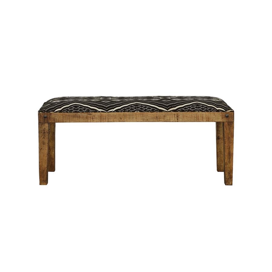 Lamont Fabric Upholstered Accent Bench in Black and Natural – Modern Rustic Mango Wood Frame with Geometric Cushion, Nailhead Detailing & Scandinavian Design