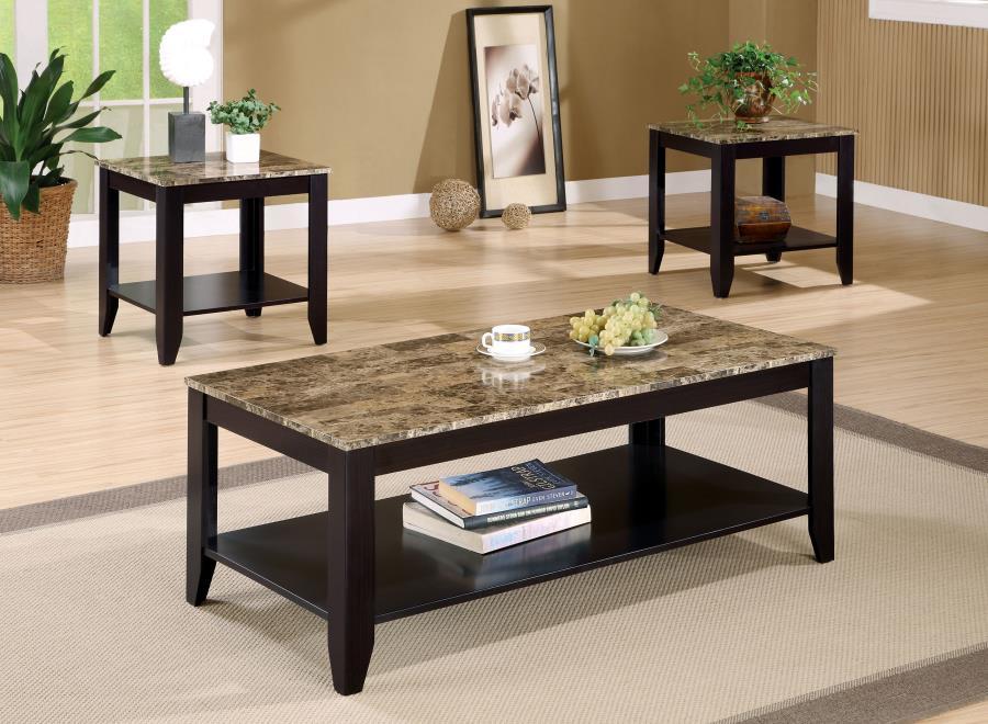 Flores 3 Piece Faux Marble Top Coffee Table Set – Cappuccino, Includes Coffee Table and 2 End Tables with Engineered Wood and Laminate Veneer