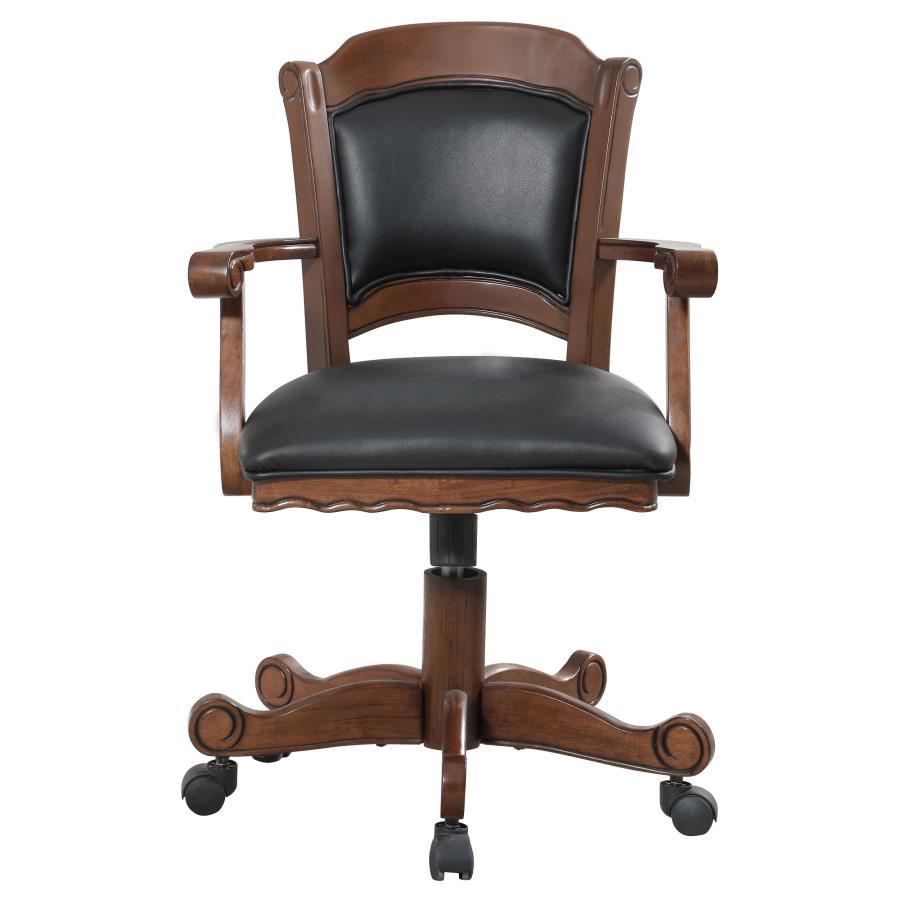 Turk Upholstered Swivel Dining and Game Chair - Tobacco Finish, Black Leatherette Seat, Caster Wheels, Curved Accents, Scalloped Design, Versatile Style