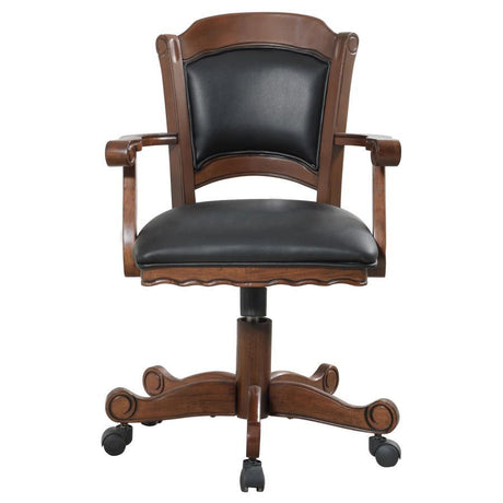 Turk Upholstered Swivel Dining and Game Chair - Tobacco Finish, Black Leatherette Seat, Caster Wheels, Curved Accents, Scalloped Design, Versatile Style