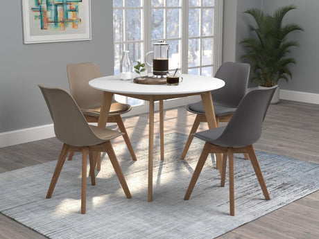 Breckenridge Round Dining Table – Matte White Top with Natural Wood Base, Mid-Century Modern Angled Legs, Metal & Solid Wood Construction