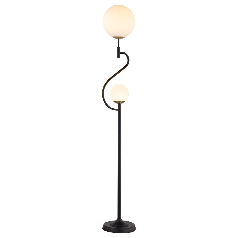 Dacki Dual Spherical Bulb Metal Floor Lamp – Black with White Glass Shades, Energy-Efficient LED, Modern S-Curve Design for Living Room