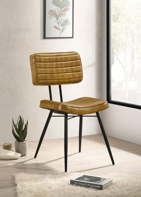 Misty Leather Upholstered Dining Side Chair Set of 2 – Industrial Vintage Goat Leather, Vertical Tufting, Metal Legs, Camel Finish