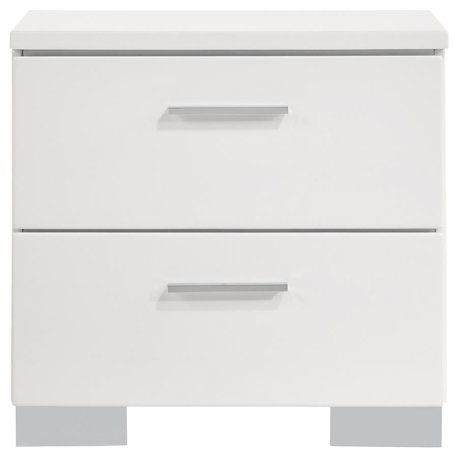 Felicity 2-Drawer Nightstand in White High Gloss – Modern Bedroom Storage with Chrome Handles, Metal Glides & Sleek Contemporary Design