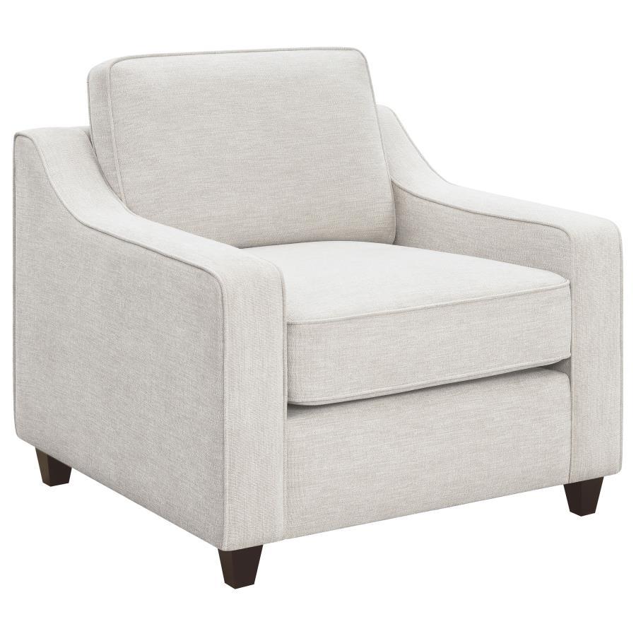 Christine Upholstered Sloped Arm Accent Chair – Beige, Boxed Seat & Back Cushions, Tapered Dark Legs, Woven Chenille, Transitional & Farmhouse Design