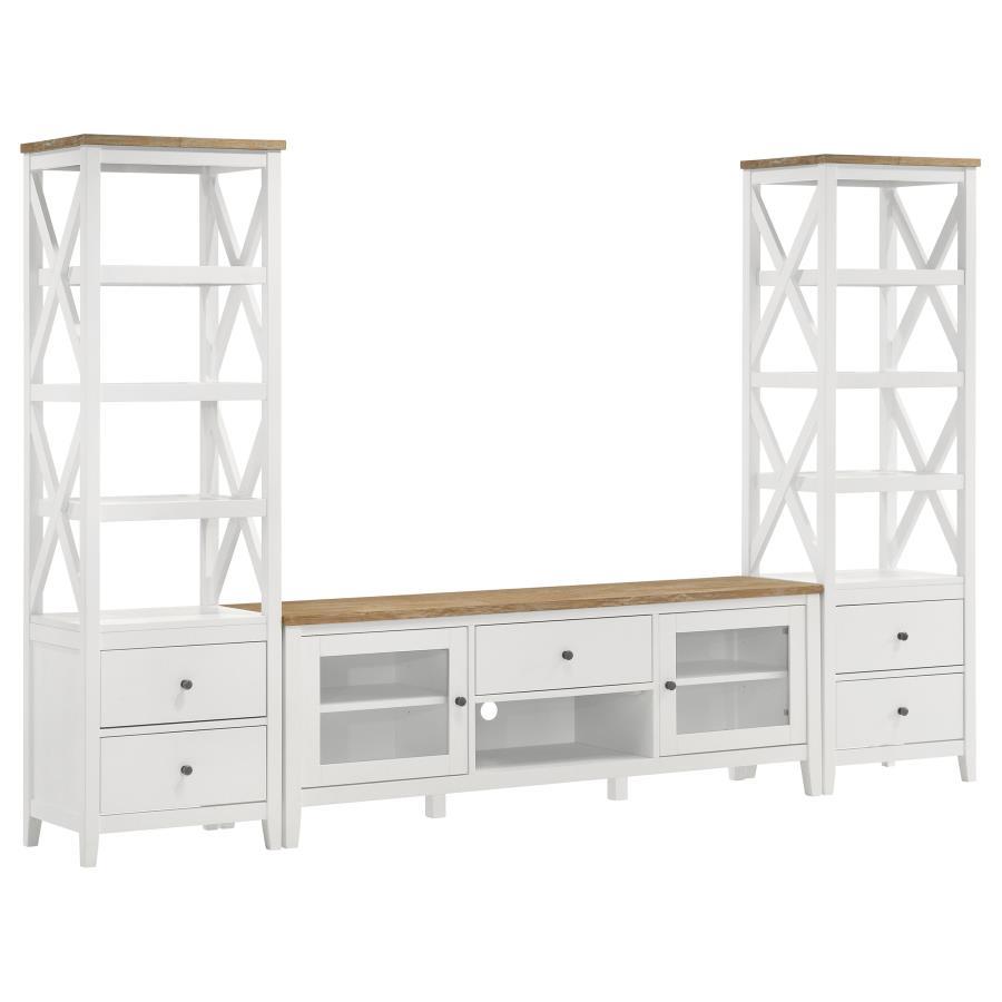 Hollis 3 Piece TV Stand Entertainment Center – White and Brown Ash Finish with Storage Drawers, Media Towers, Rustic Farmhouse & Coastal Style