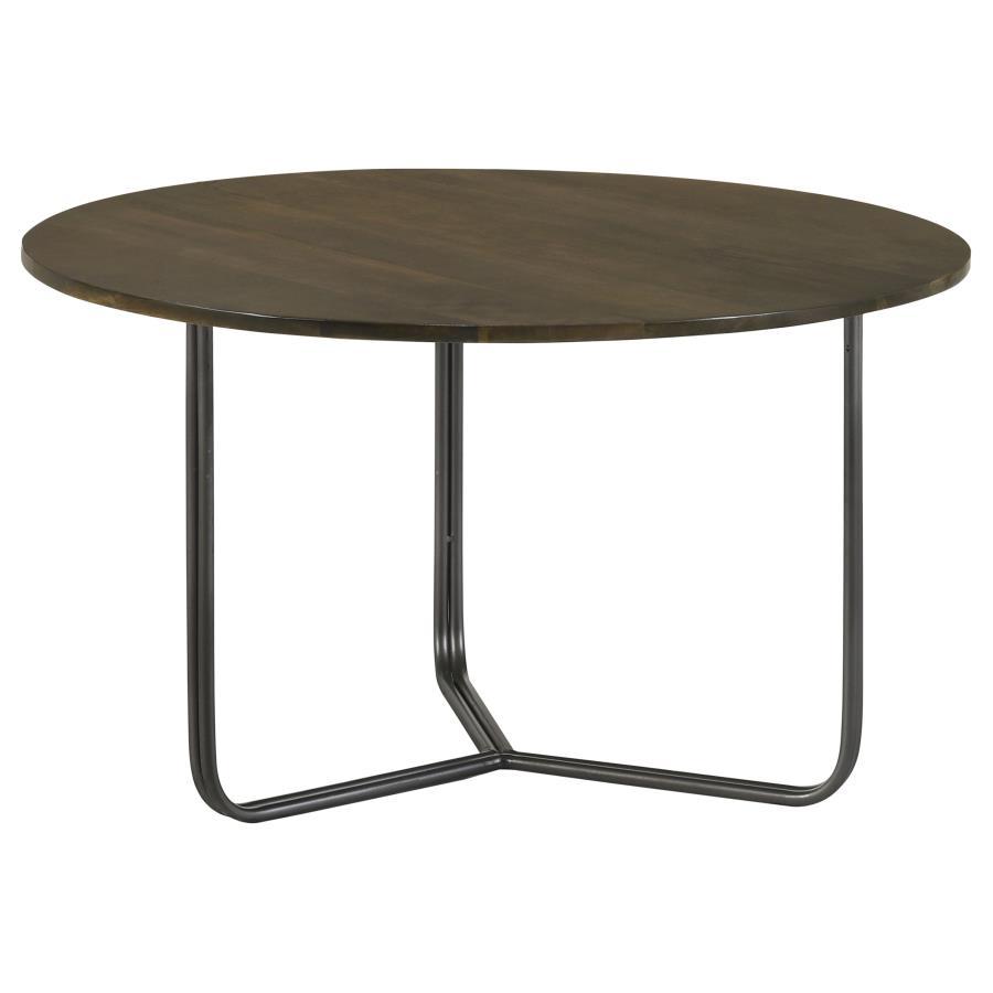 Yaritza Round Mango Wood Coffee Table – Natural Finish Top with Gunmetal Iron Tripod Base – Eco-Friendly Modern Industrial Accent