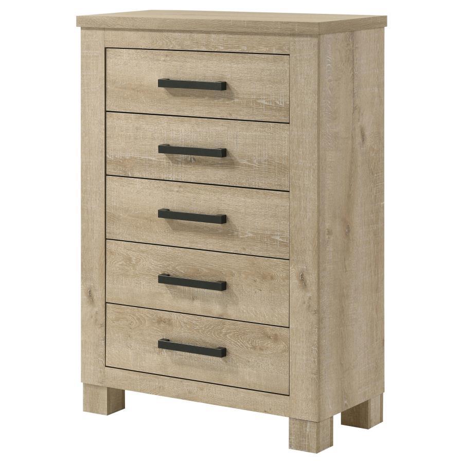 Oakglen 5-Drawer Bedroom Chest Of Drawers in Weathered Oak – Rustic & Compact Vertical Storage with Smooth-Glide Drawers and Modern Transitional Style