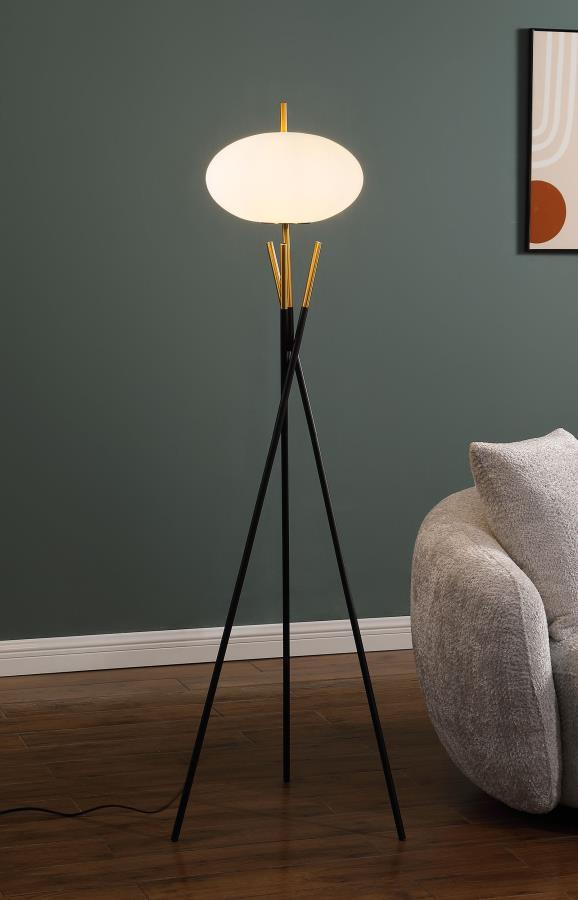 Layton White Orb Shade Tripod Floor Lamp with Frosted Globe Shade, Black & Gold Metal Base, Modern Lighting for Living Room or Bedroom