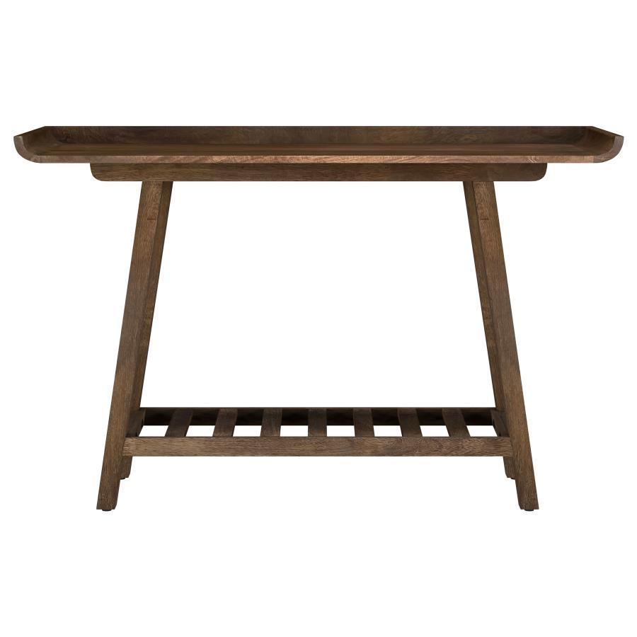 Ornelas Console Table in Solid Mango Wood with Tray-Style Top and Slatted Lower Shelf, Natural Mango Brown Finish for Entryway or Living Room