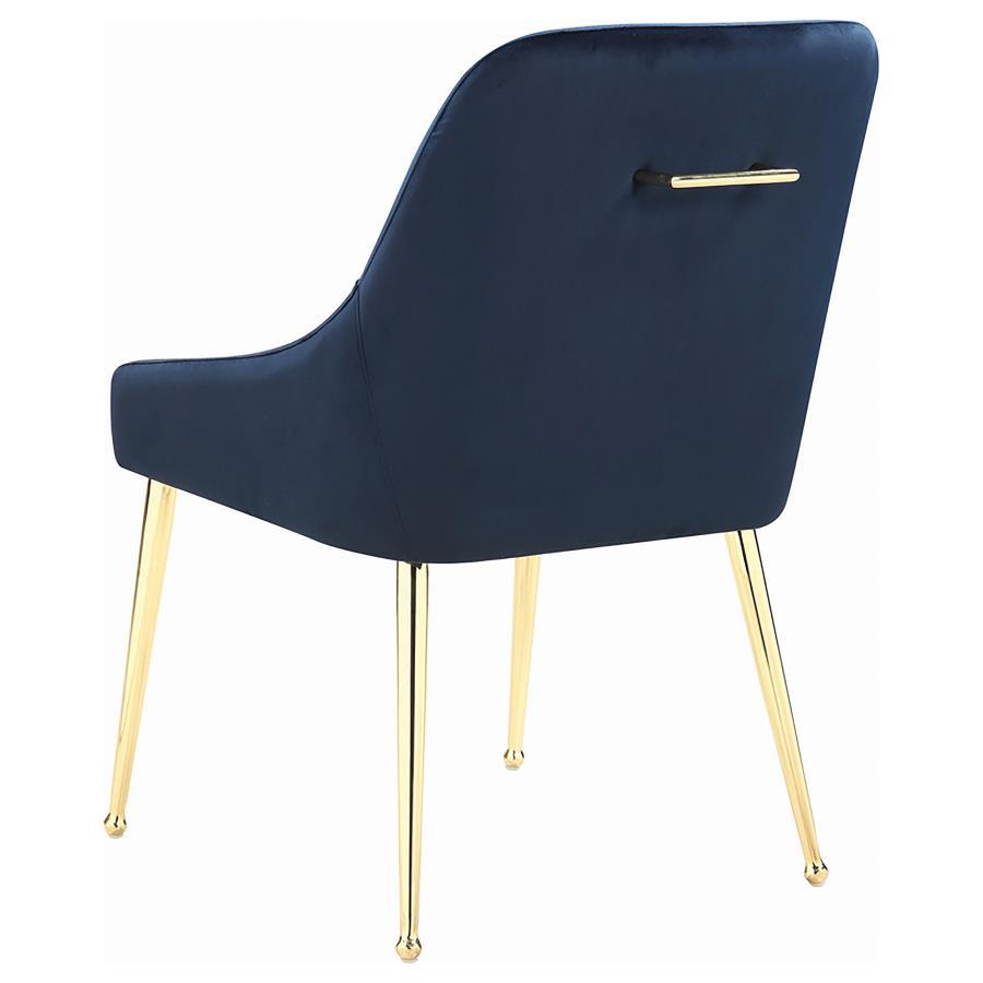 Kella 5-Piece Round Marble Dining Set – White Marble Top with Brass Base, Blue Mid-Century Modern Chairs with Gold Legs, Plush Cushions