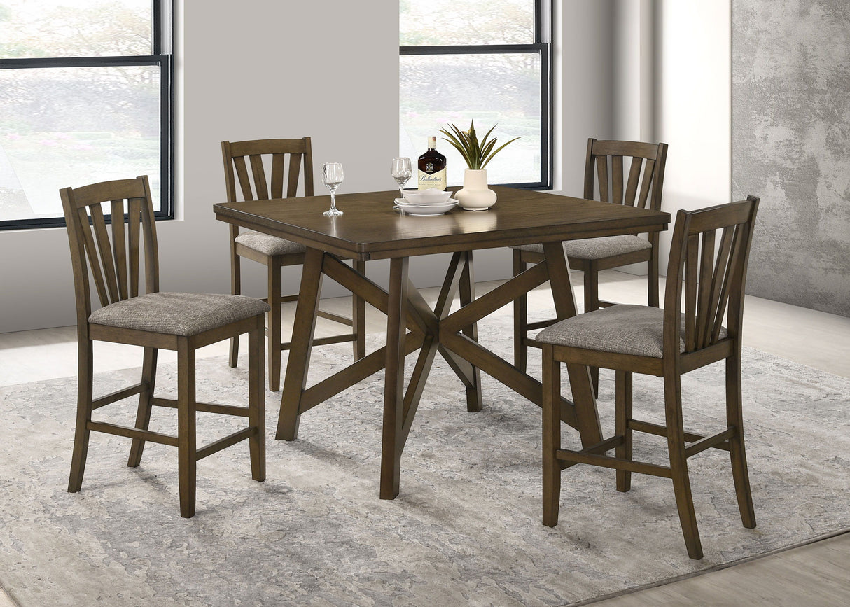 Canfield - 5 Piece Counter Height Dining Set With Brown Mindi Wood Table And Grey Upholstered Chairs - Stylish And Functional Kitchen Or Dining Set