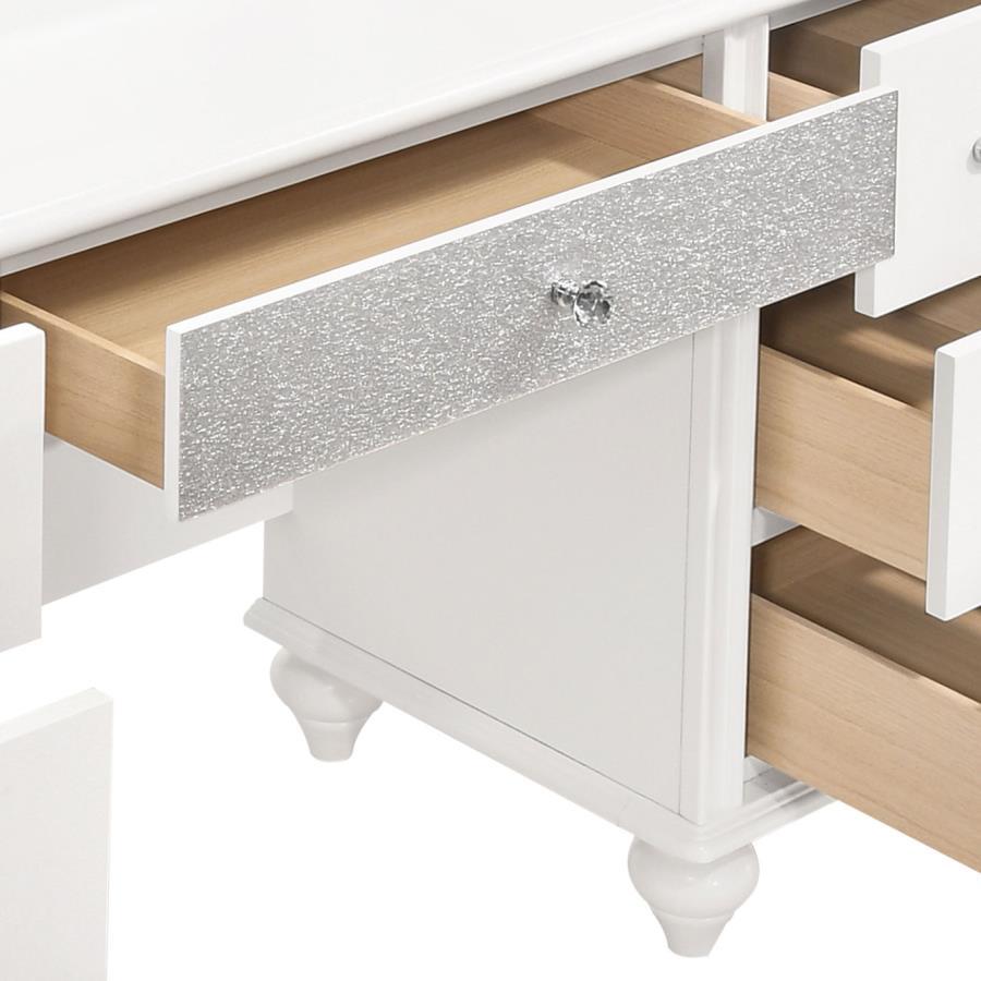 Barzini 7-Drawer Vanity Set with LED Lighting – White Finish, Glam Chrome Handles, Diamond-Like Accents, Hollywood-Style Vanity with Mirror