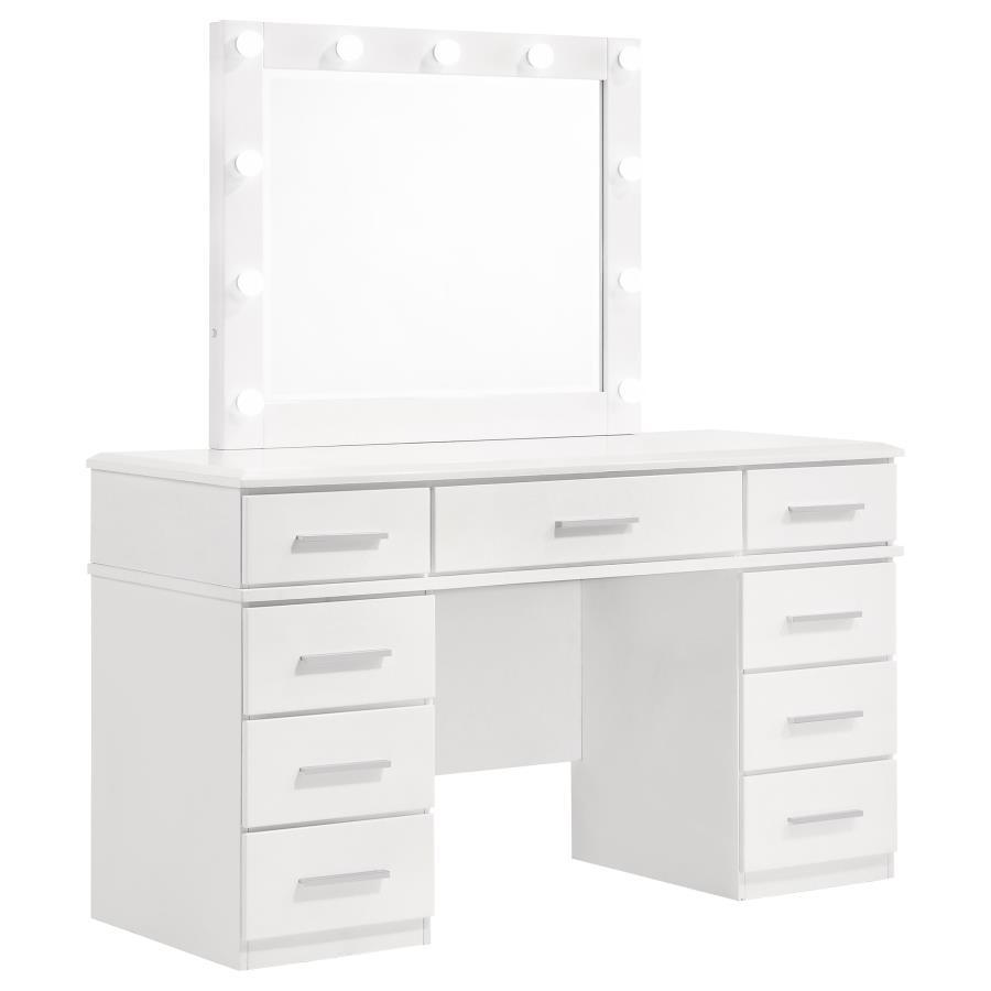 Felicity Upholstered Vanity Stool – Glossy White Finish with Metallic Accents, Cushioned Faux Leather Seat, Tapered Legs for Stability and Style